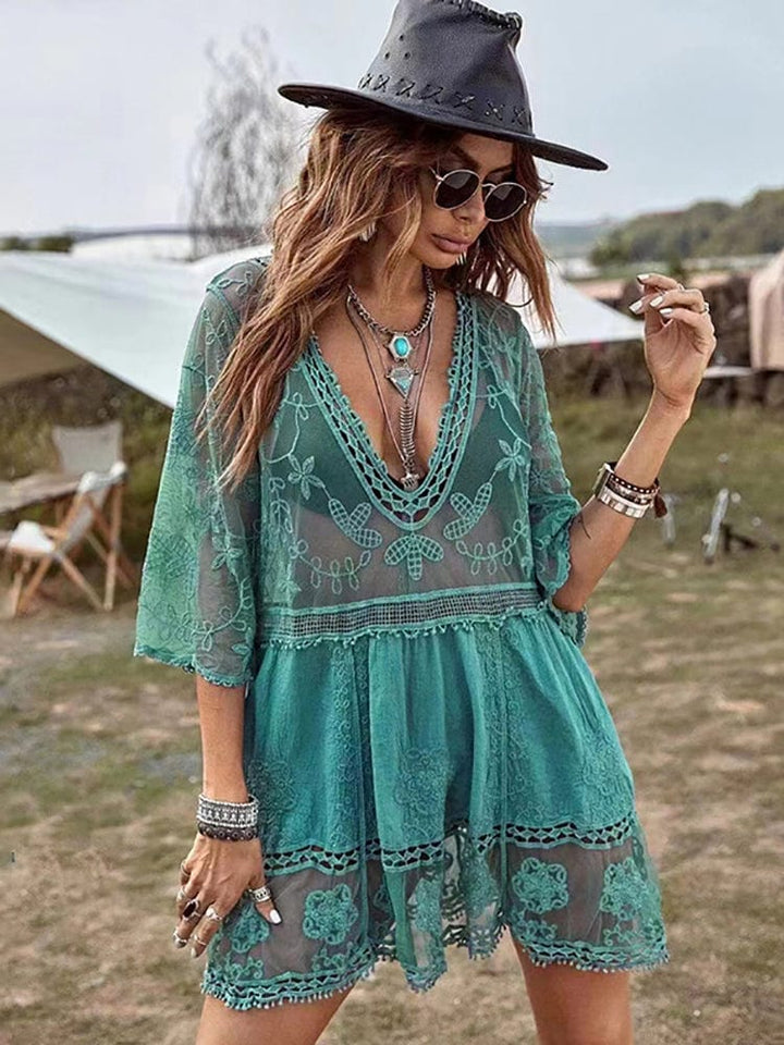 Vestido playero con ribete de encaje-Laurene.es