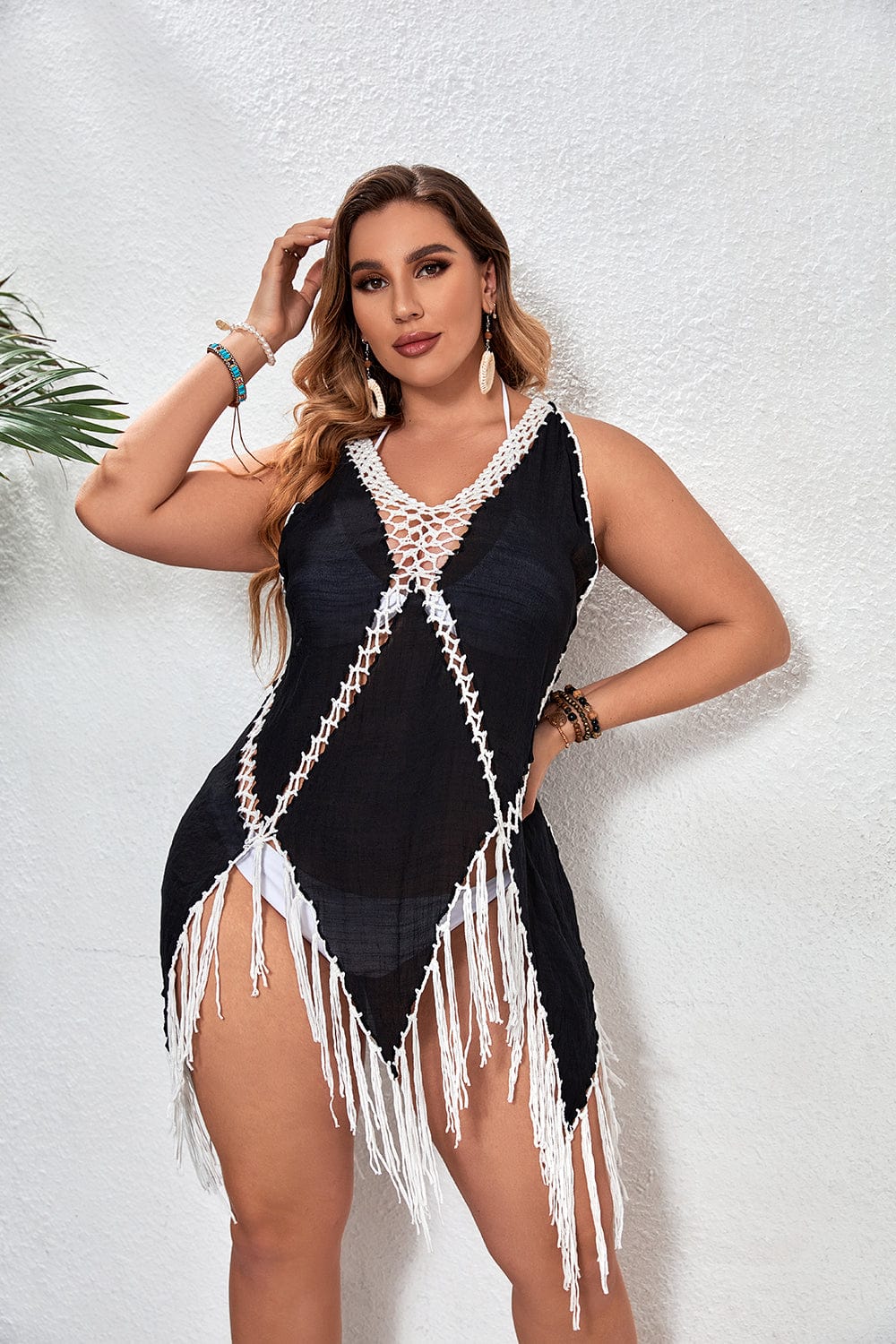 Vestido playero plus size con bordado geométrico-Laurene.es